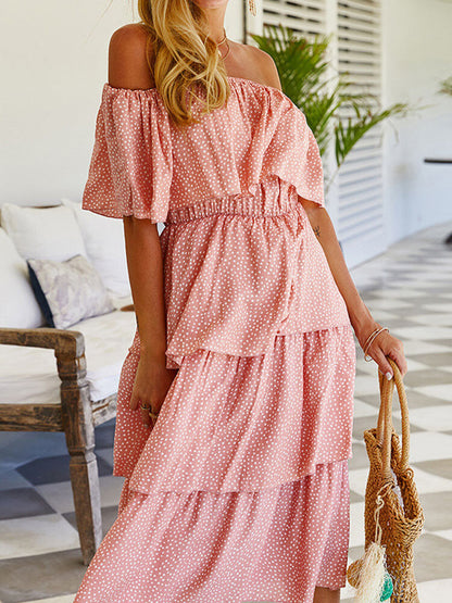 Kvinnors Midi Klänning Kortärmad Prickmönster Polyester-2