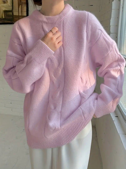 Dam Stickad Tröja Flätmönster Mjuk Enkelfärgad Vintermode-1