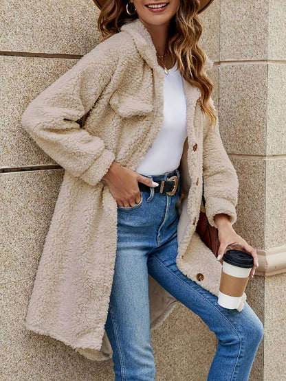 Dam Teddyjacka Knappstängning Mjuk Polyester Lång Teddyjacka-1