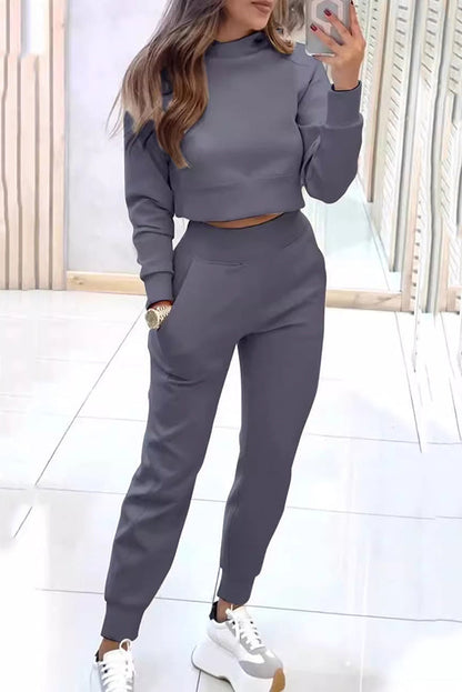 Kvinnors Höstset Långärmad Crop Top och Byxor Mjuk Tygblandning-5