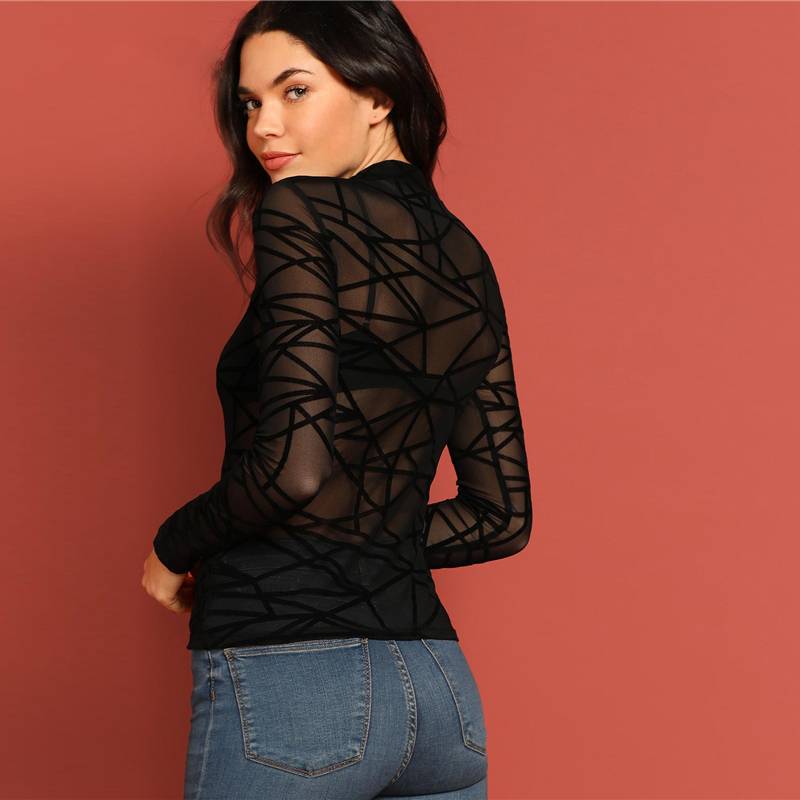 Festtoppar Dam Långärmad Geometrisk Polyester Slim Fit-3