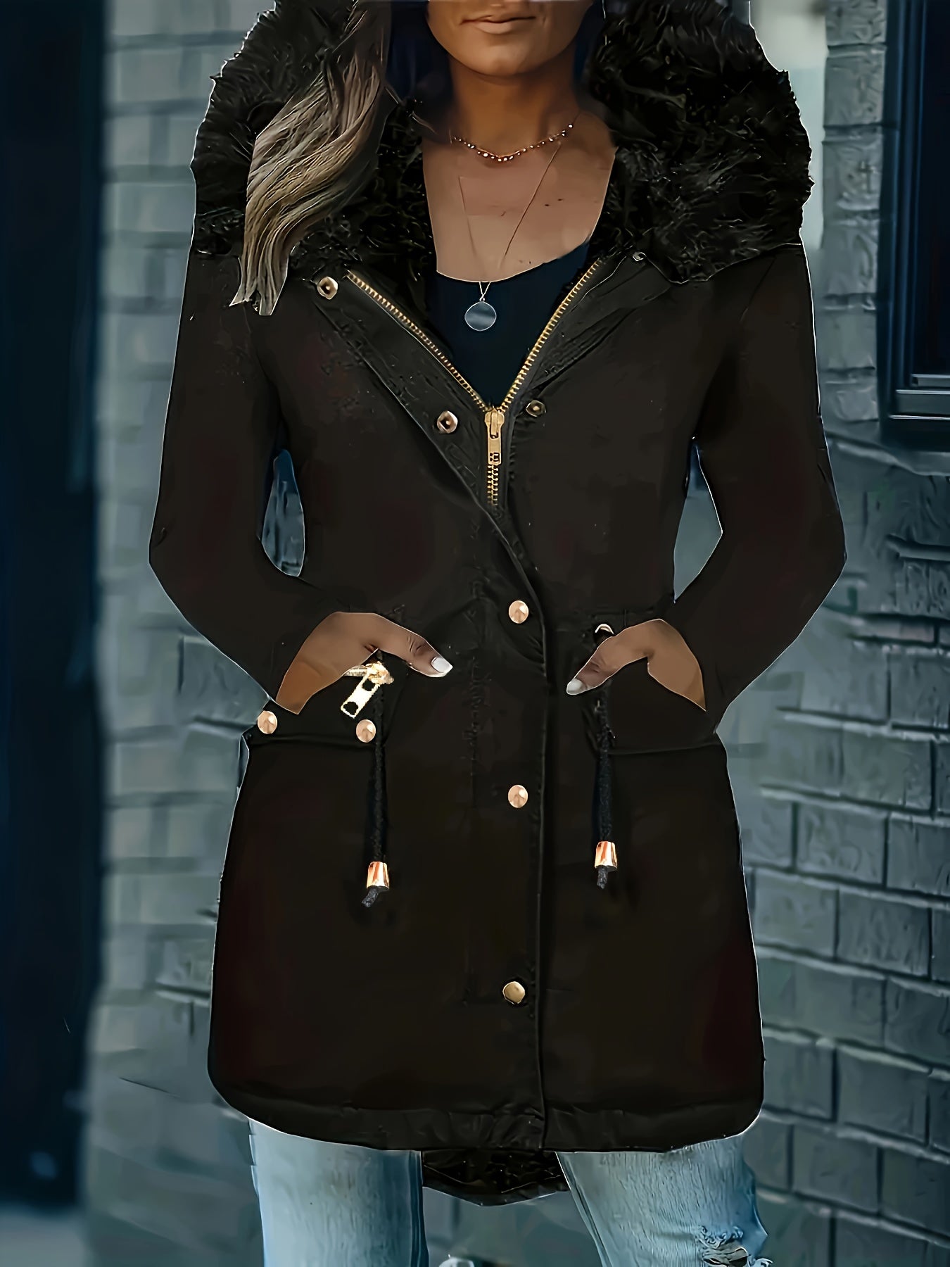 Variant image for Vinterjacka Dam Lång Parka med Huva och Knappdetaljer Hållbart Material-1