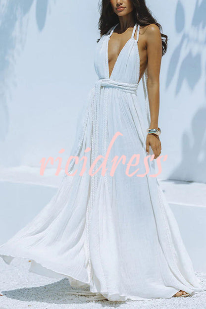 Maxiklänning Dam Djup V-hals Lätt Linneblandning Ankel-längd Sommar 6