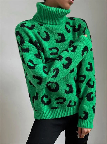 Dam Turtleneck Tröja Leopardmönster Stickad-2