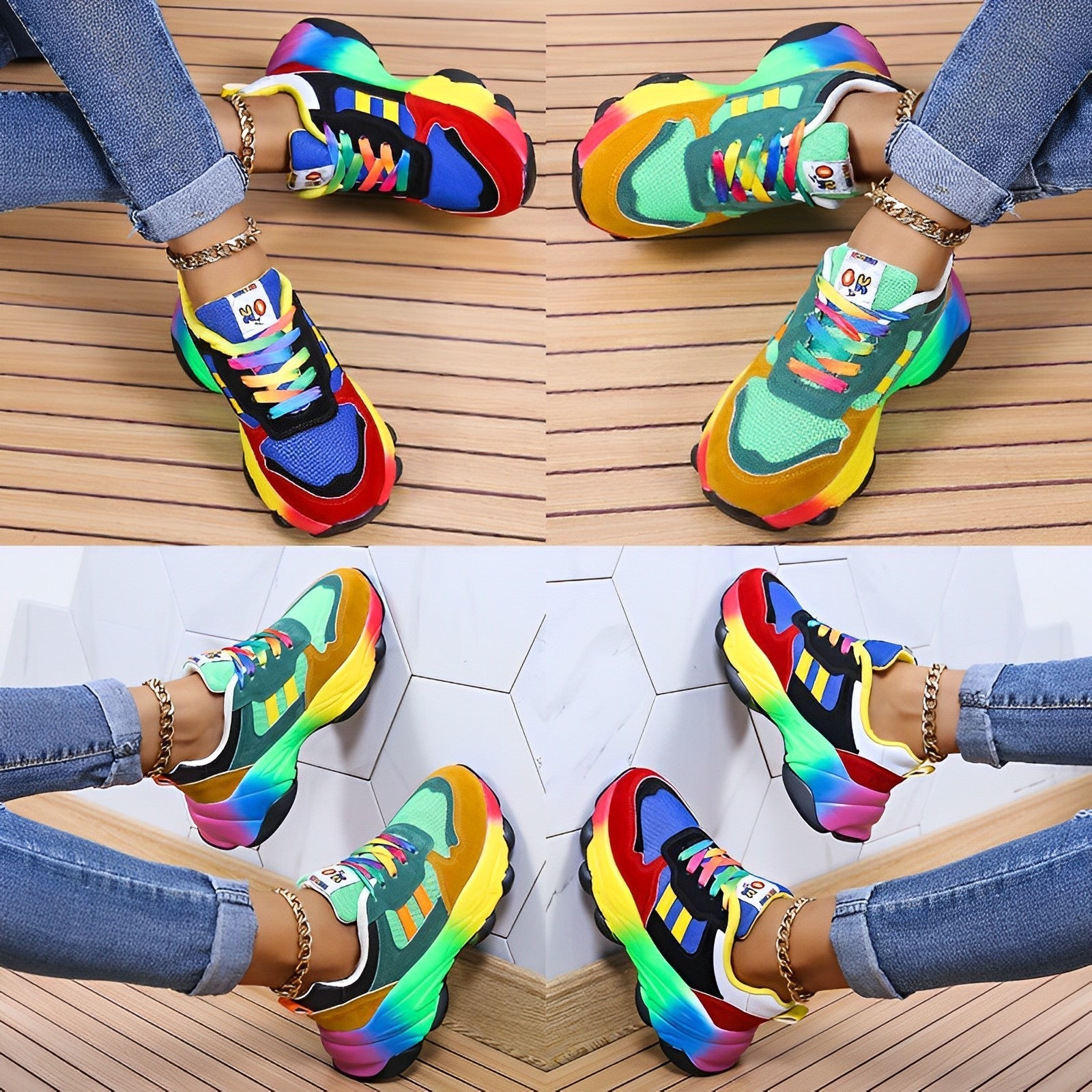Kvinnors Chunky Sneakers Flerfärgad Läder Plattform-3