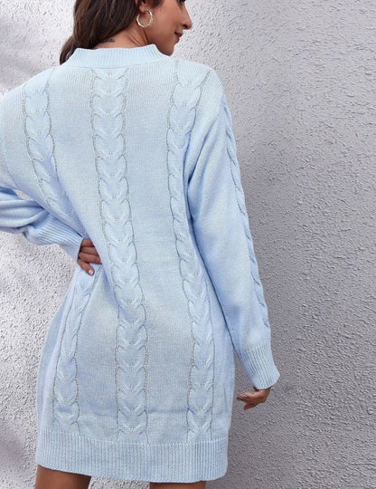 Dam Stickad Klänning Rund Halsringning Flätmönster Mjuk Höstdesign-2