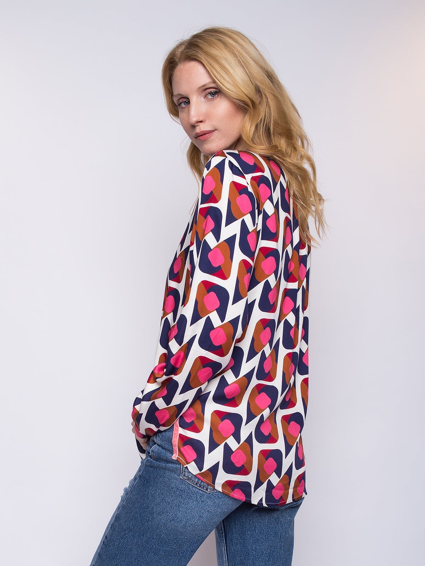 Dam Retro Blus V-hals Långärmad 100% Polyester-3