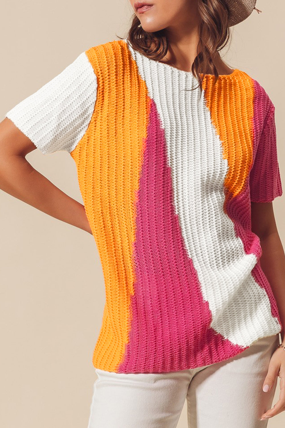 Damen-Strickpullover, Colorblock, kurze Ärmel, 100 % Acryl-2