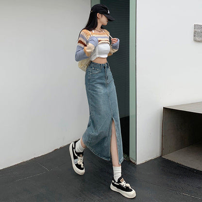 Kjol Dam Hög Midja Retro Denim Midi-6