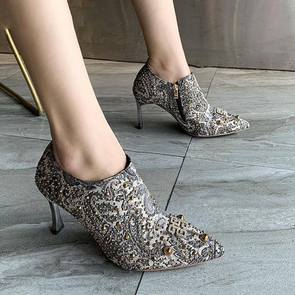 Dam Ankelboots Glamouröst Tyg Hög Klack-5