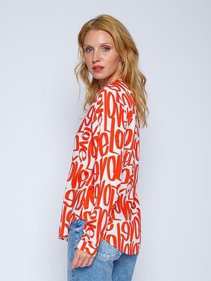 Dam Blus Trendigt Kärlekstryck Viskos med Stand-Up Krage-3