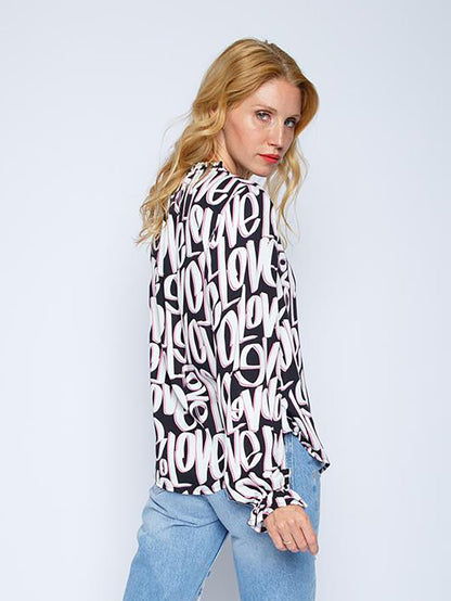 Dam Festtopp V-hals Trendig Viskos med Kärlekstryck-3