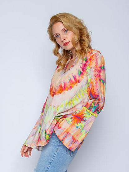 Dam Tunikablus Batiktryck Trompetärmar Viskos-2