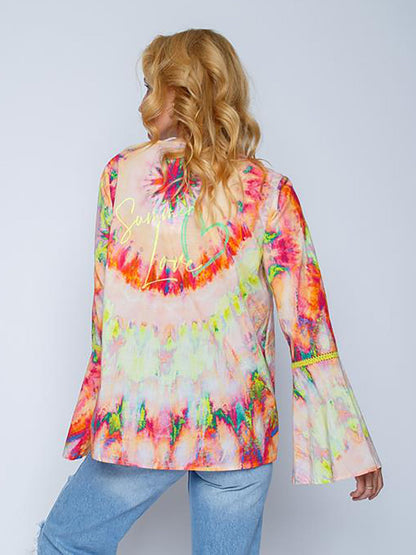 Dam Tunikablus Batiktryck Trompetärmar Viskos-3