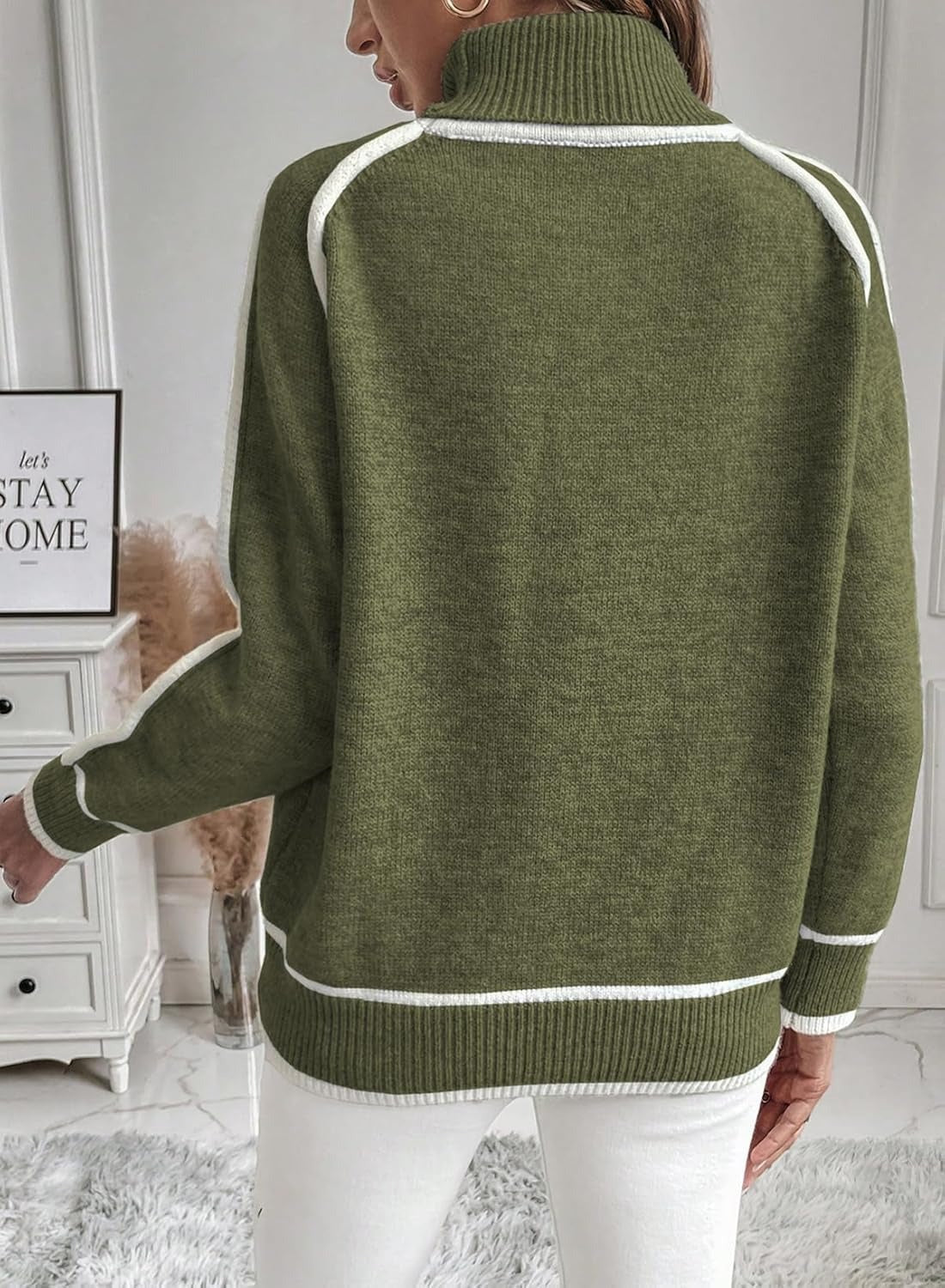 Kvinnors Turtleneck Avslappnad Tröja Mjukt Värmande Tyg med Kontrasterande Sömmar-3