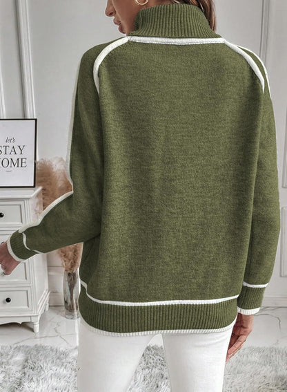 Kvinnors Turtleneck Avslappnad Tröja Mjukt Värmande Tyg med Kontrasterande Sömmar-3