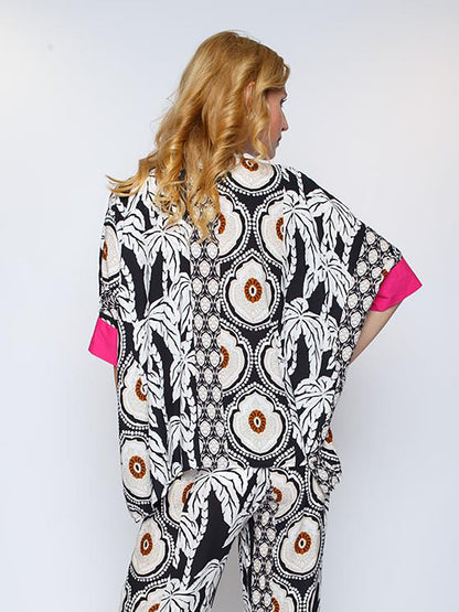 Dam Blus Etno Kylig Krage Viskos Rosa Leo Mönster-4