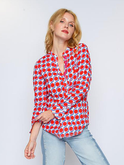 Dam Blus Prickig Bomull med Stand-Up Krage och V-Hals-1