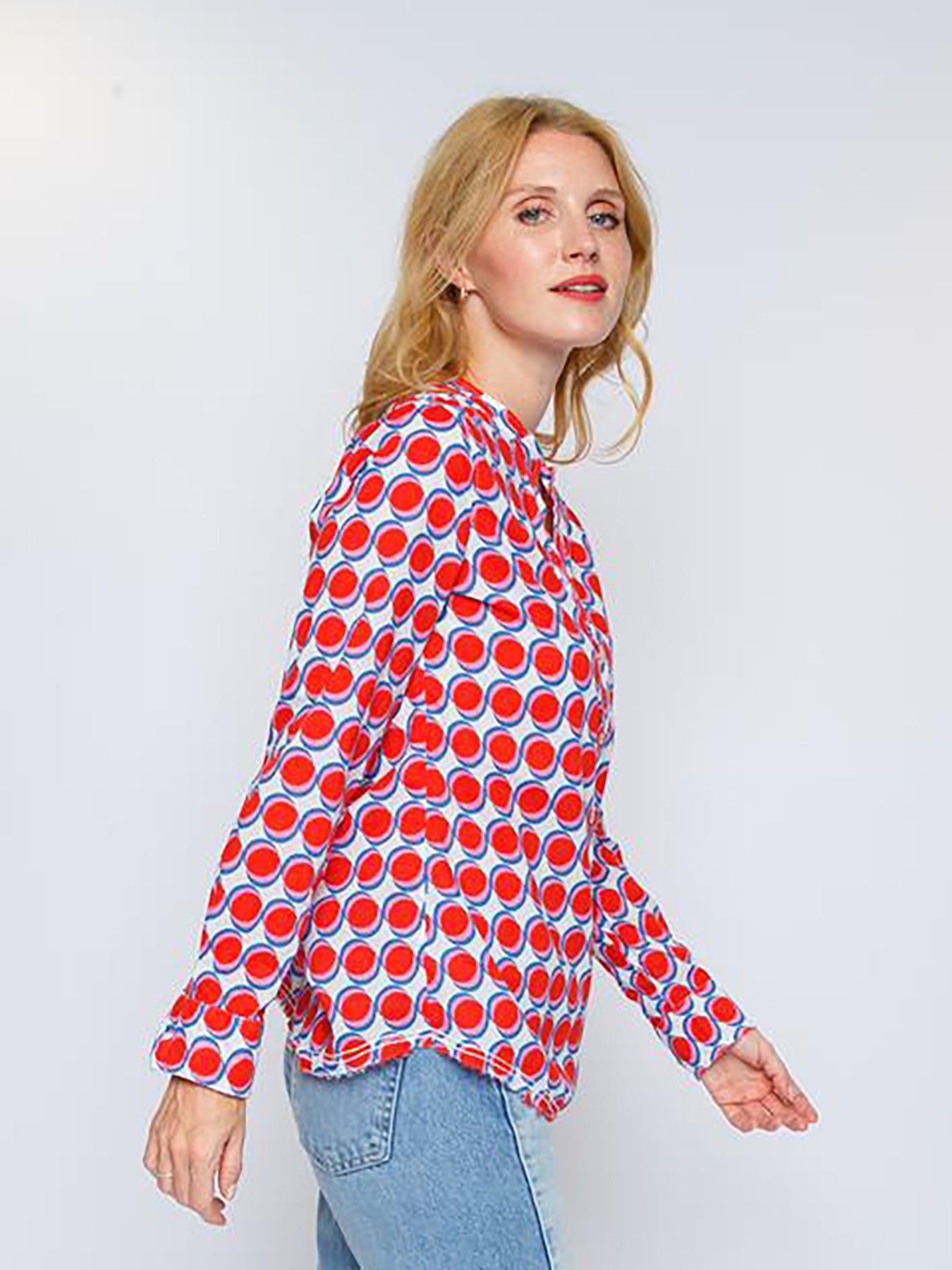 Dam Blus Prickig Bomull med Stand-Up Krage och V-Hals-2