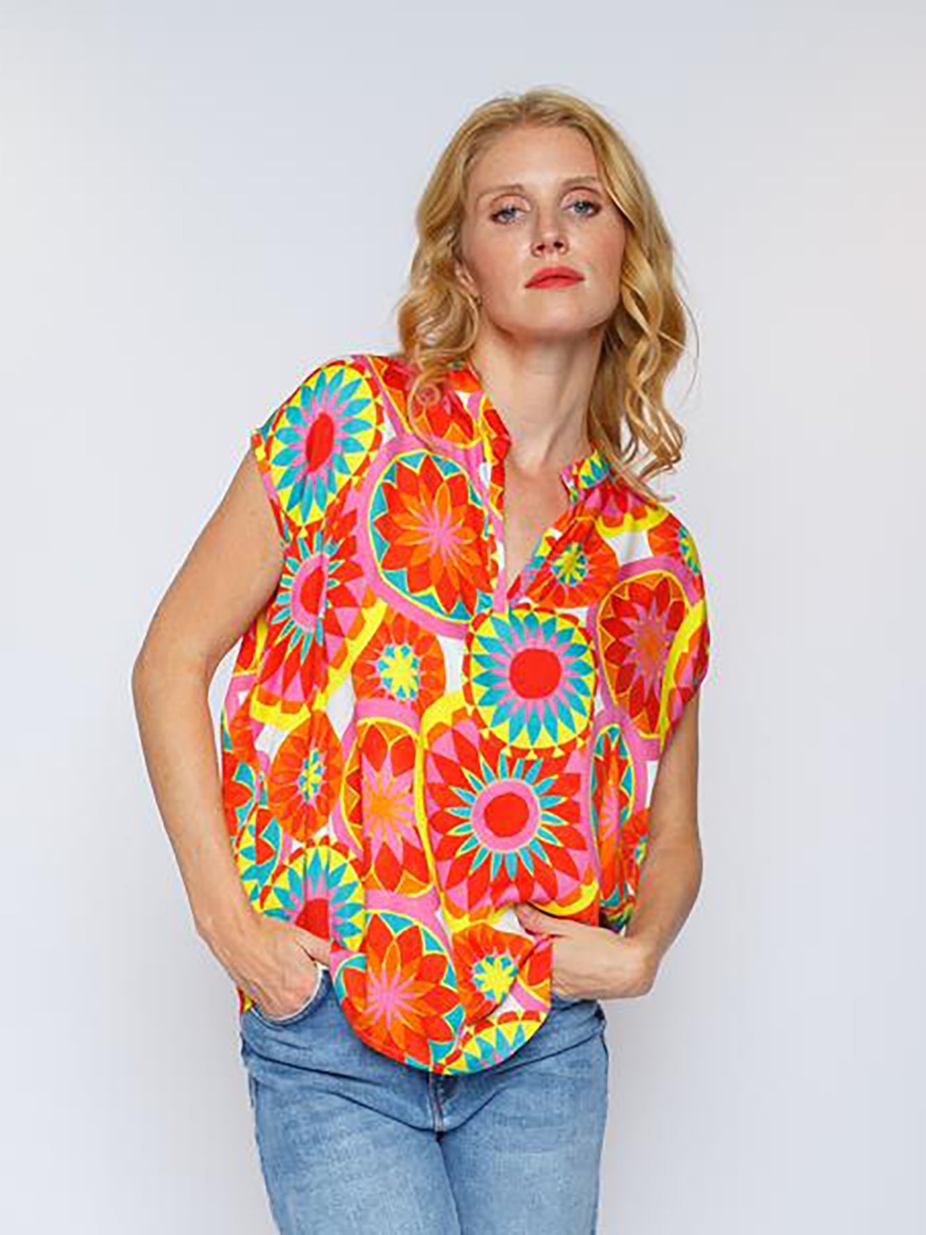 Dam T-Shirt Mandala Mönster 100% Bomull Med Överdimensionerad Ståkrage-1