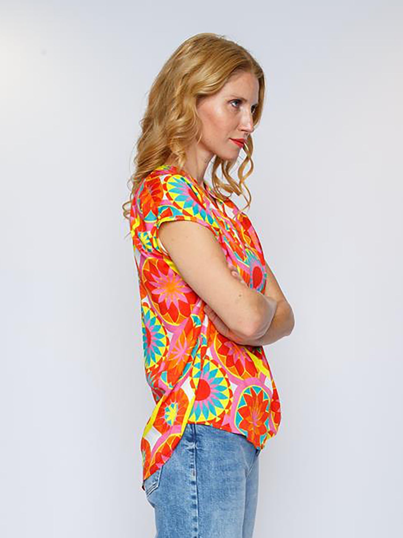 Dam T-Shirt Mandala Mönster 100% Bomull Med Överdimensionerad Ståkrage-2