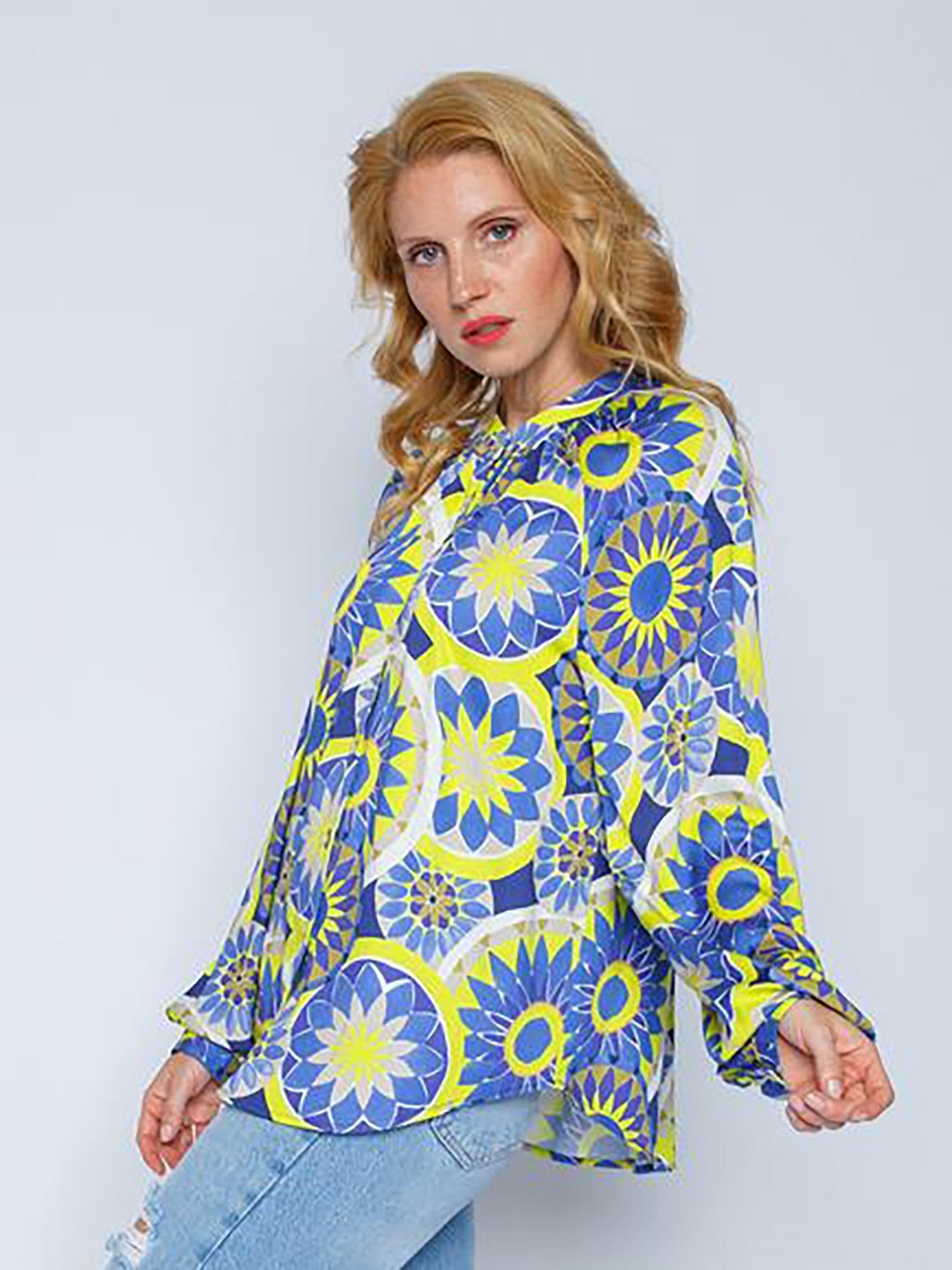 Blus Dam Avslappnad Viskos Mandala Mönster med Elegant Ärmar-4