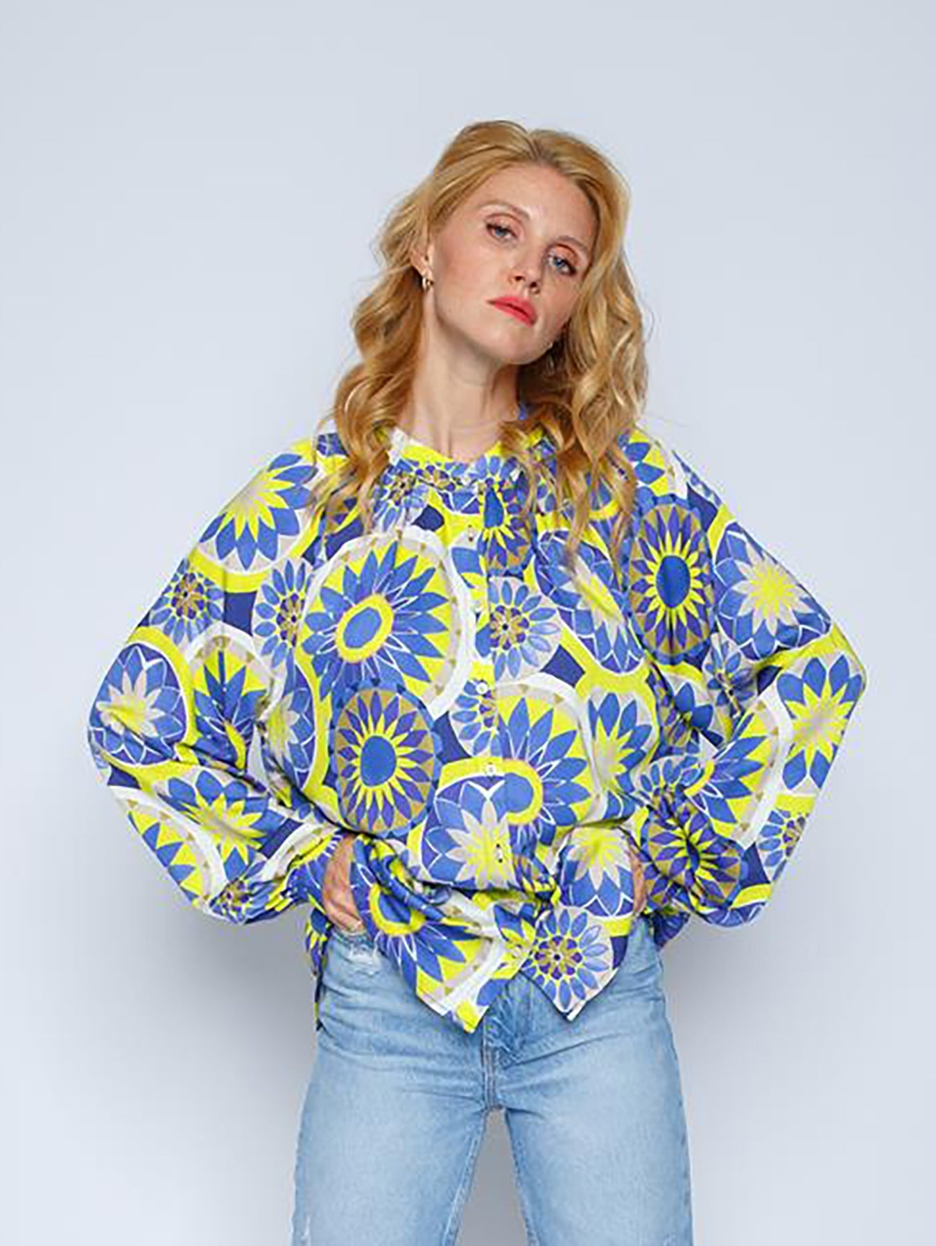 Blus Dam Avslappnad Viskos Mandala Mönster med Elegant Ärmar-2