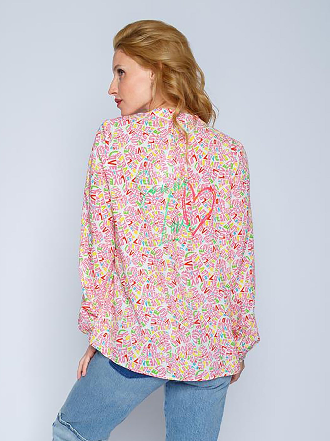 Blus Dam Viskos med Kärlekstryck Långa Ärmar Avslappnad Passform-3