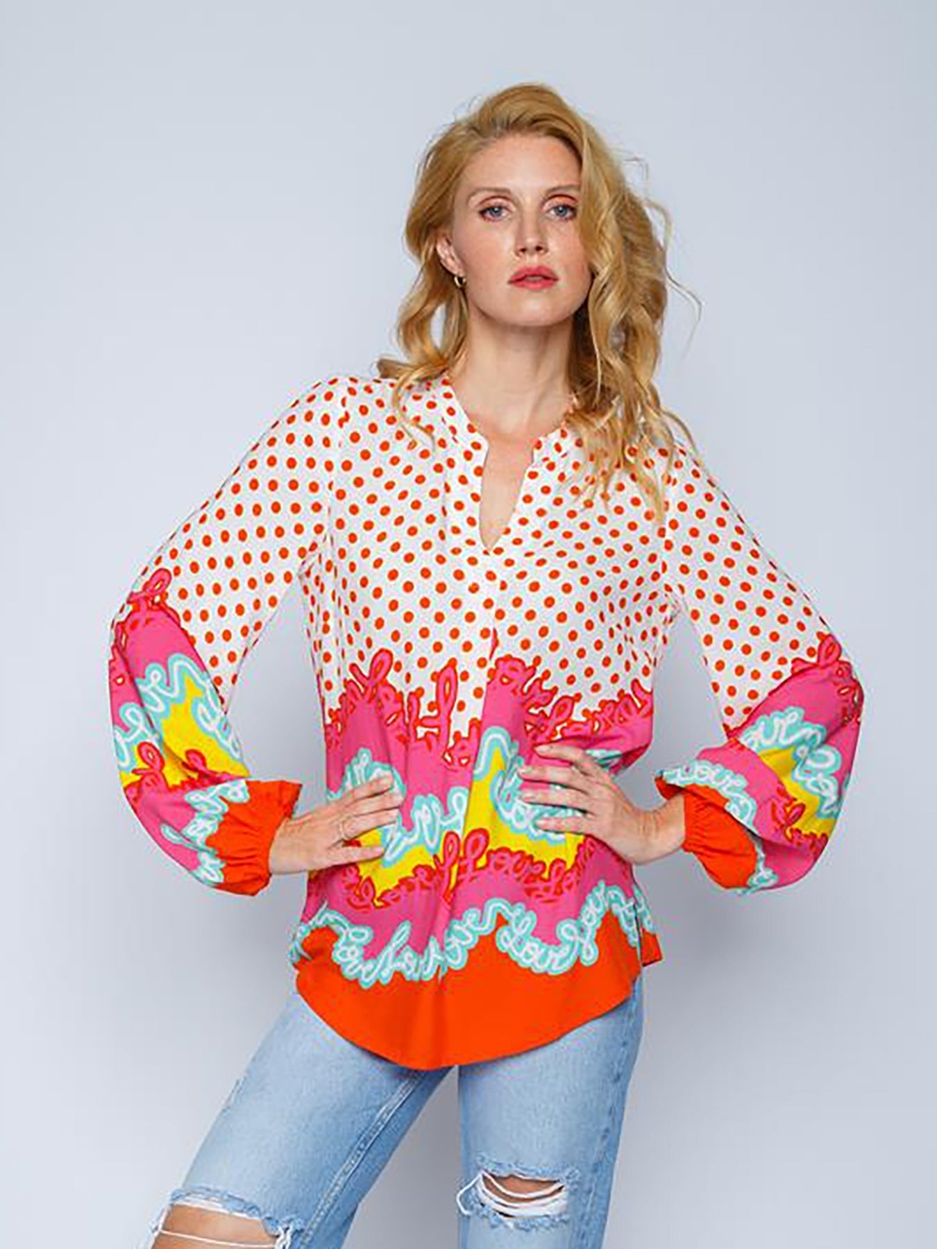 Dam Blus med Vågor och Prickar Mjuk Polyester-1