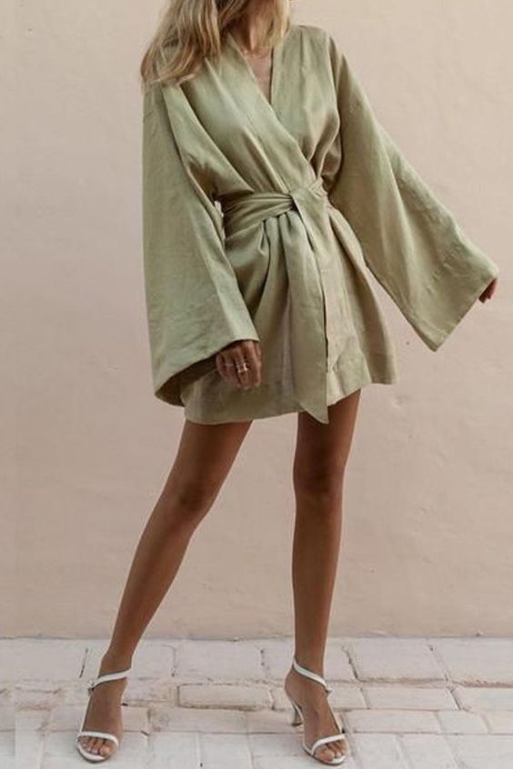 Kvinna Kimono Miniklänning Med Bälte Polyester-2