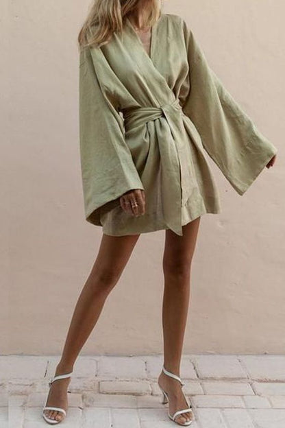 Kvinna Kimono Miniklänning Med Bälte Polyester-2