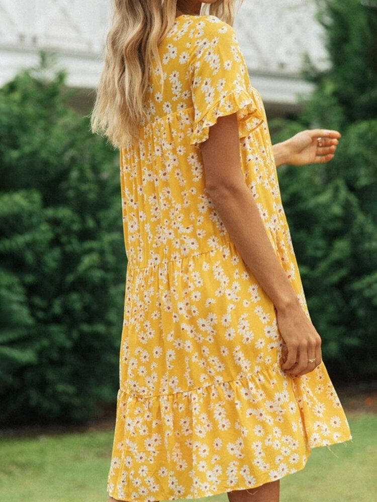 Kvinnors Midi Klänning Blommönster Polyester Kort Ärmar 2