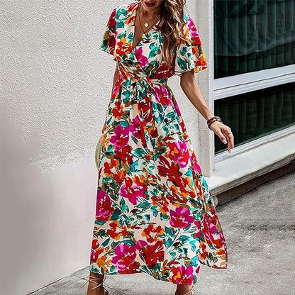 Fina Damklänningar Hög Midja med Bälte Tropiskt Tryck-3