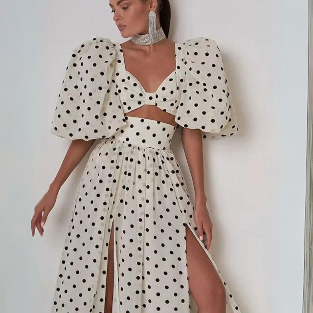 Variant image for Dam Tvådelad Set Puffärmar Maxikjol Polyester Sommarkläder-6