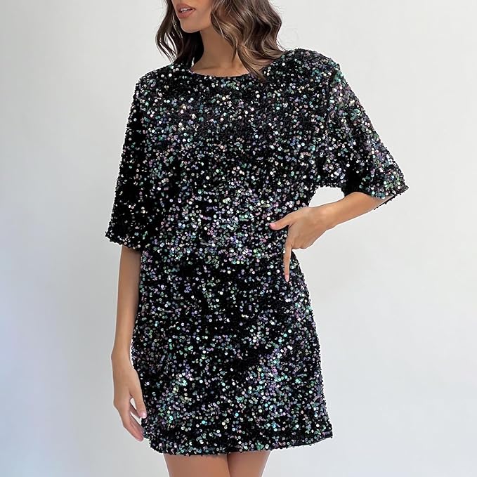 Dam Paljettklänning Klockärmar Polyester för Fest och Bröllop-5