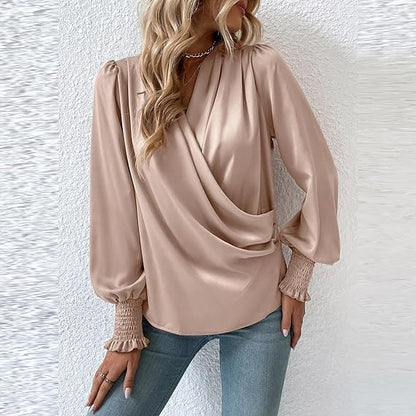 Dam Blus V-ringning Ballongärmar Polyester-6