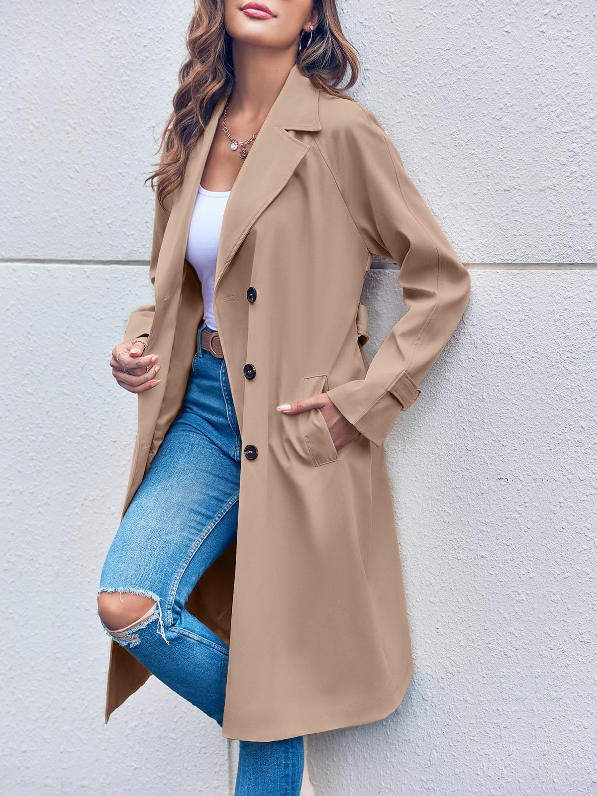 Kvinnors Trenchcoat Dubbel Rad Knapp med Bälte Polyester-3