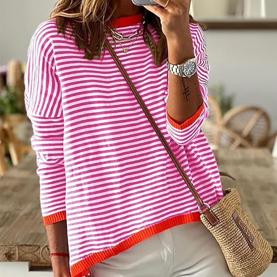 Dam Tröja Randig Drop Axeltröja Mjuk Bomull-6