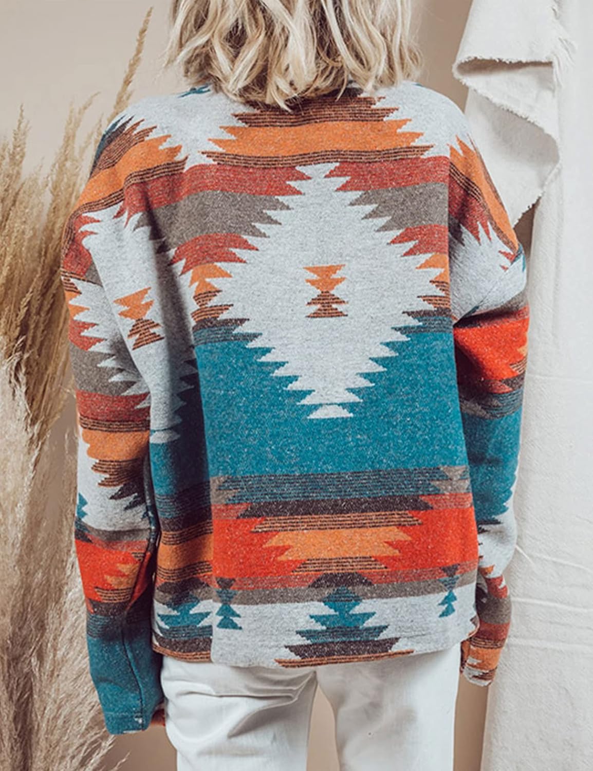 Damjacka Långärmad Etniskt Mönster Vintage-Knappar Hållbart Tyg-3