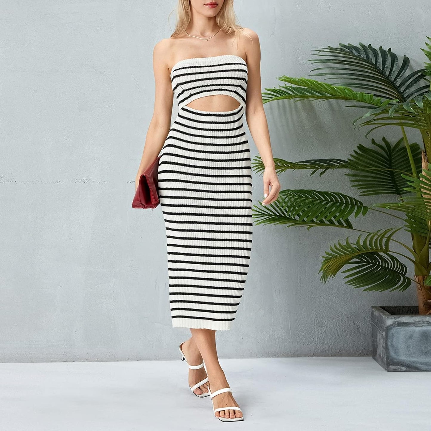 Dam Axel-fri Klänning Medellång Kjol Stretchigt Tyg för Fest och Bröllop-3