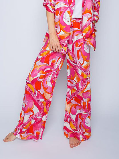 Snygga Byxor Dam med Elastisk Midja och Stort Tygtryck i Viskos – Avslappnad Passform med Breda Benfickor 1