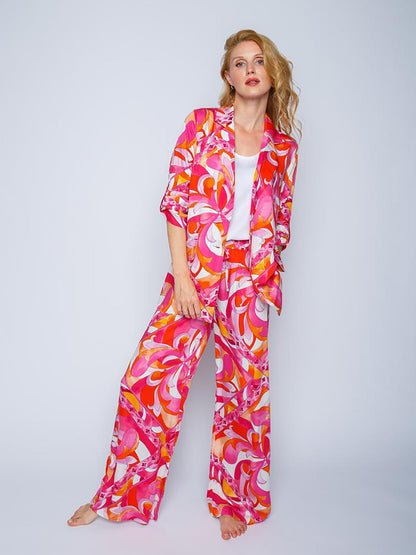 Snygga Byxor Dam med Elastisk Midja och Stort Tygtryck i Viskos – Avslappnad Passform med Breda Benfickor 4