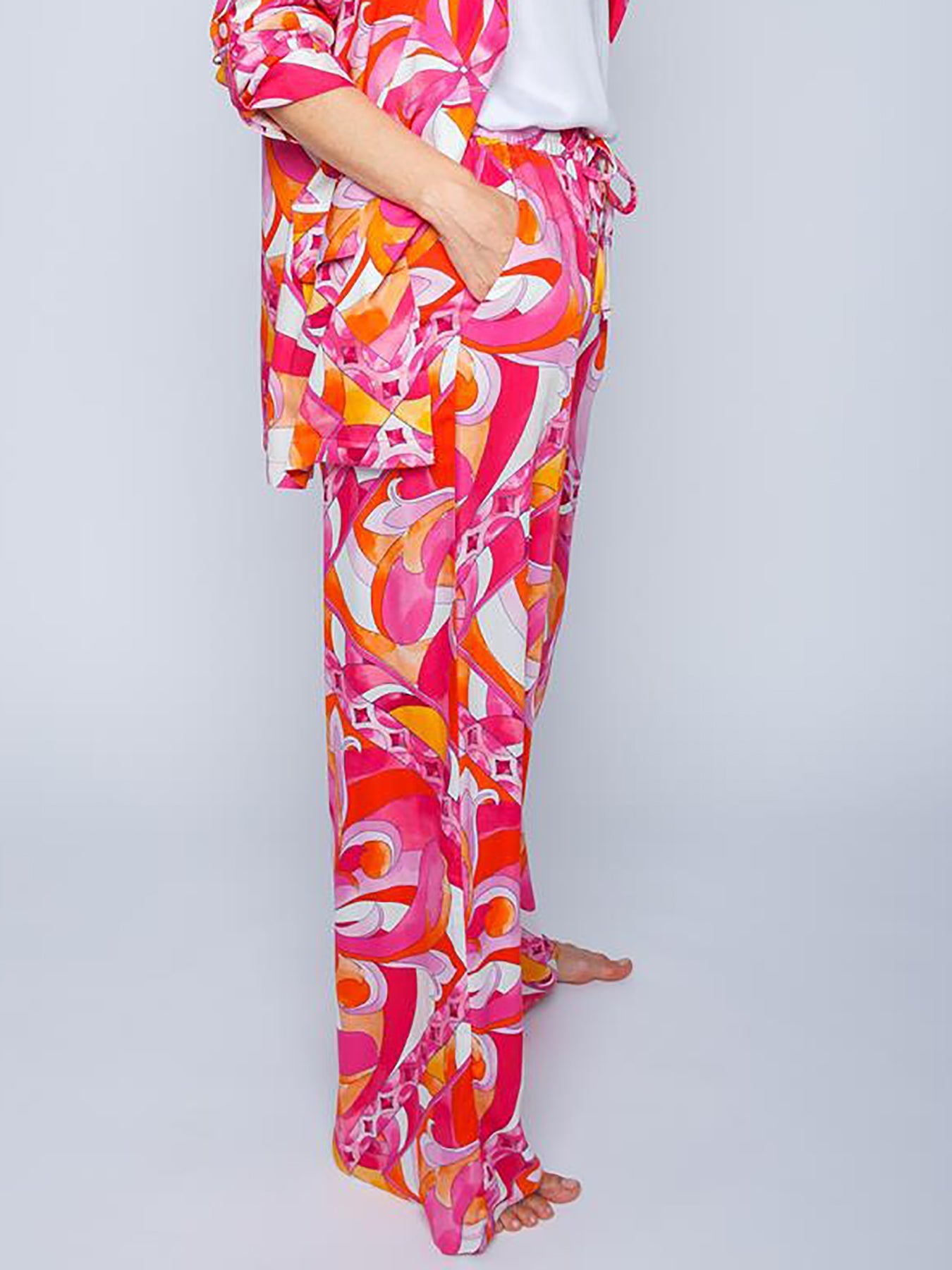 Snygga Byxor Dam med Elastisk Midja och Stort Tygtryck i Viskos – Avslappnad Passform med Breda Benfickor 2