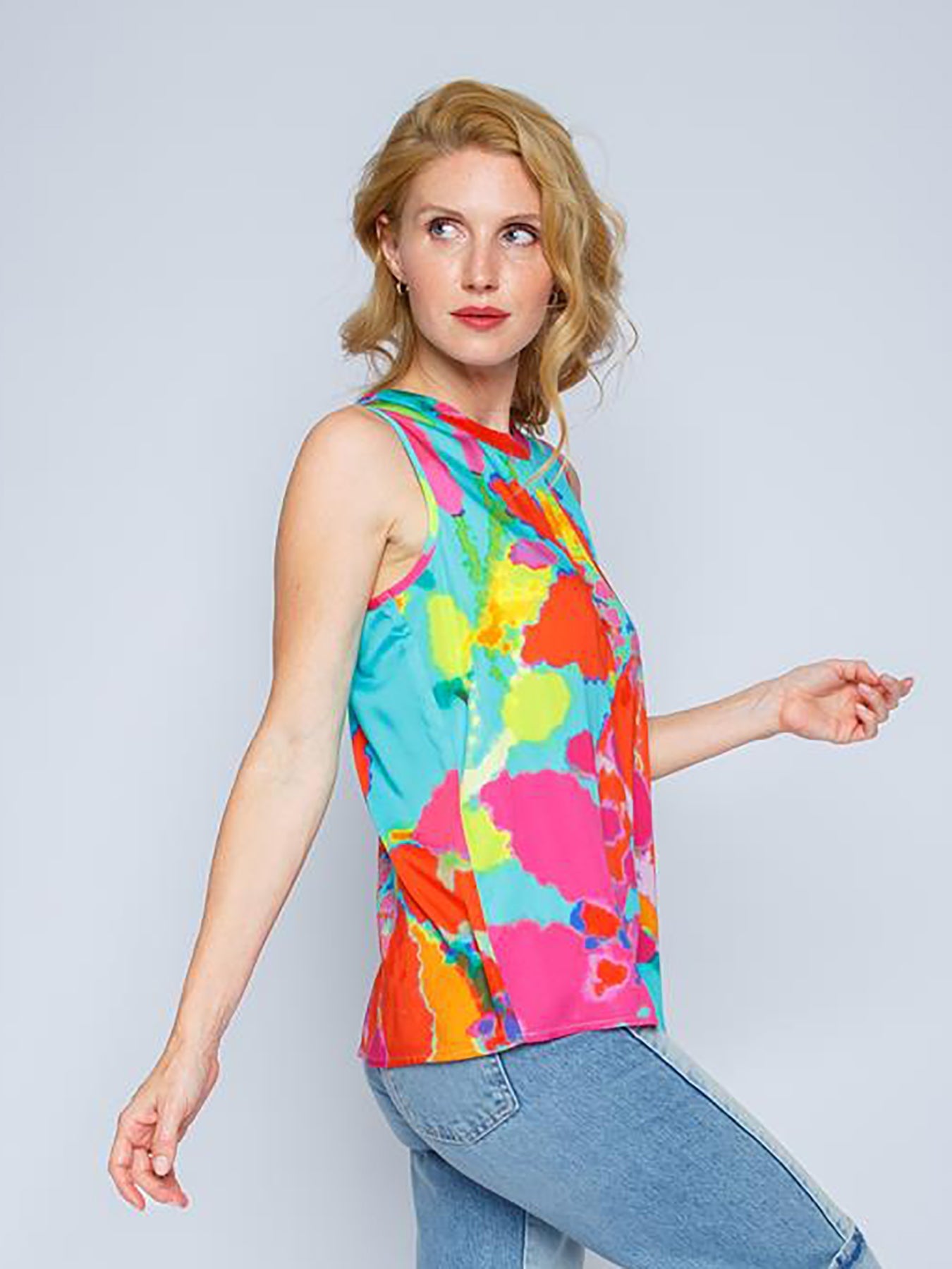 Dam Blommig Top Ärmlös Satin-2