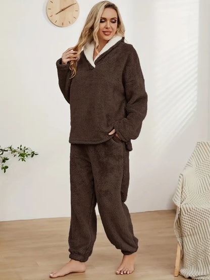 Dam Loungewear Set V-Ringad Thermoflanell Avslappnad Passform 15