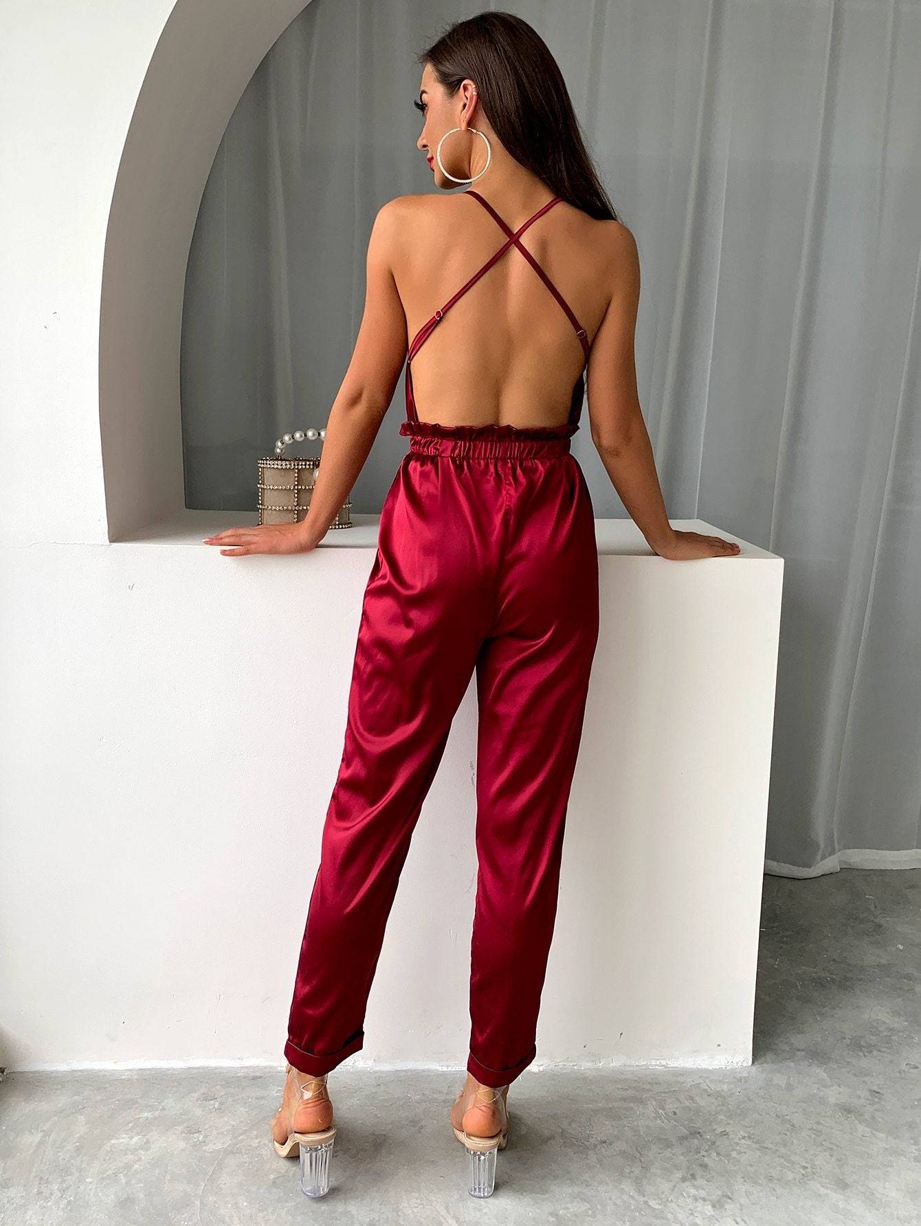 Dam Jumpsuit Monokrom V-ringad Polyester Ankel-längd-5