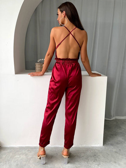 Dam Jumpsuit Monokrom V-ringad Polyester Ankel-längd-5