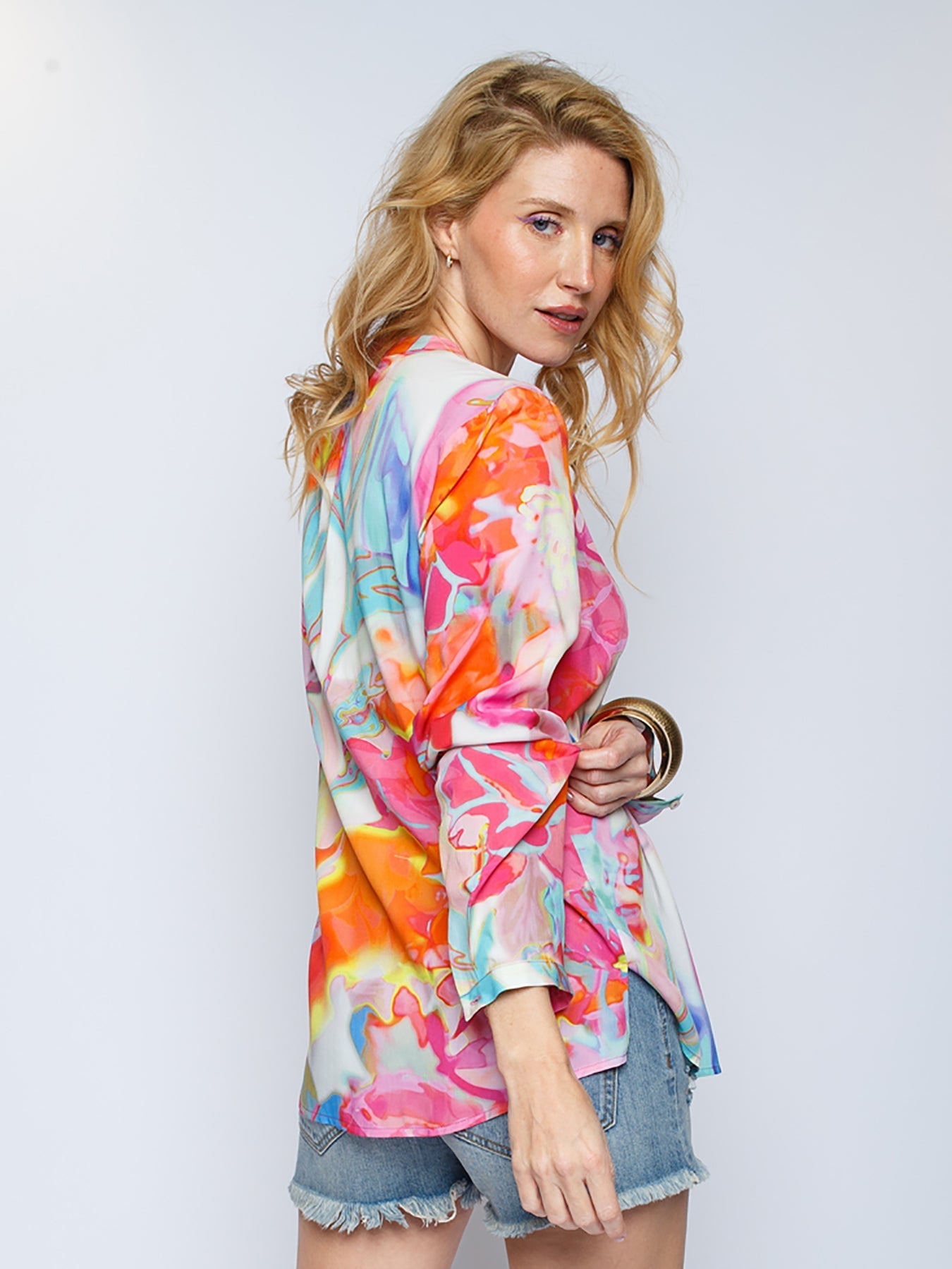 Dam Blus V-Hals Långärmad Akvarellblommor Viskos-2