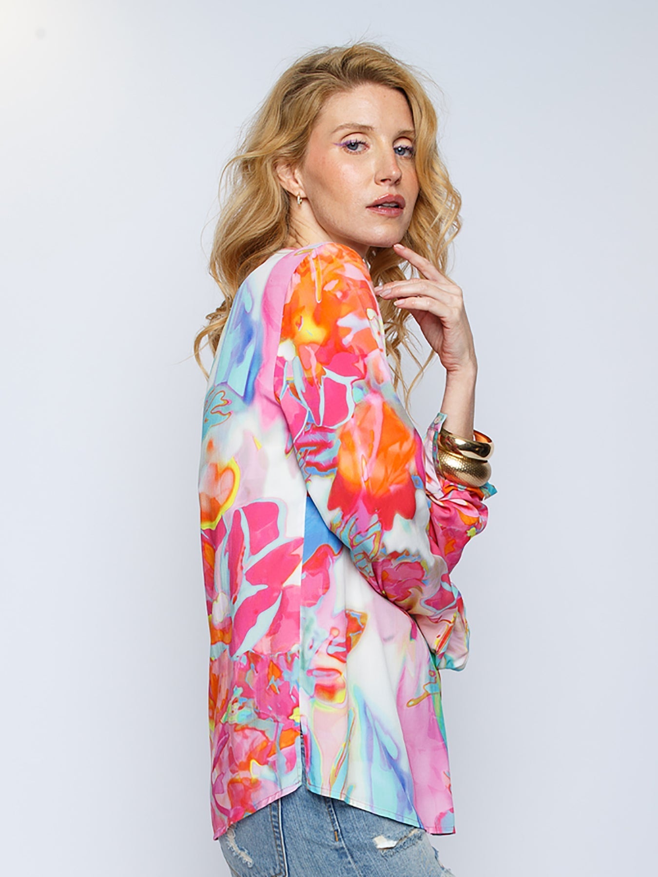 Dam Blus V-Hals Långärmad Akvarellblommor Viskos-3