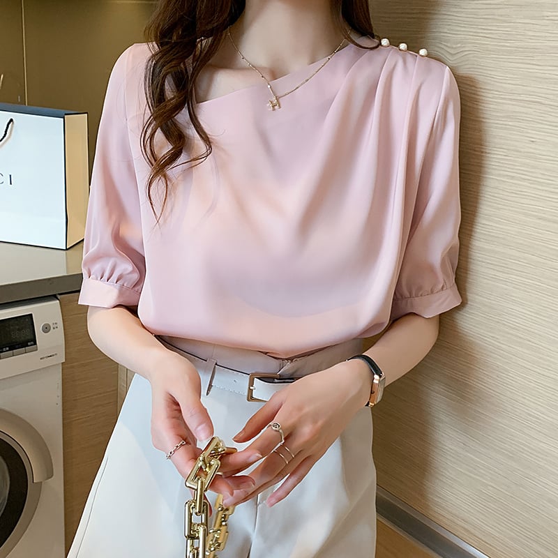 Dam Blus Puffärmar Pärldetaljer Lätta Material-1